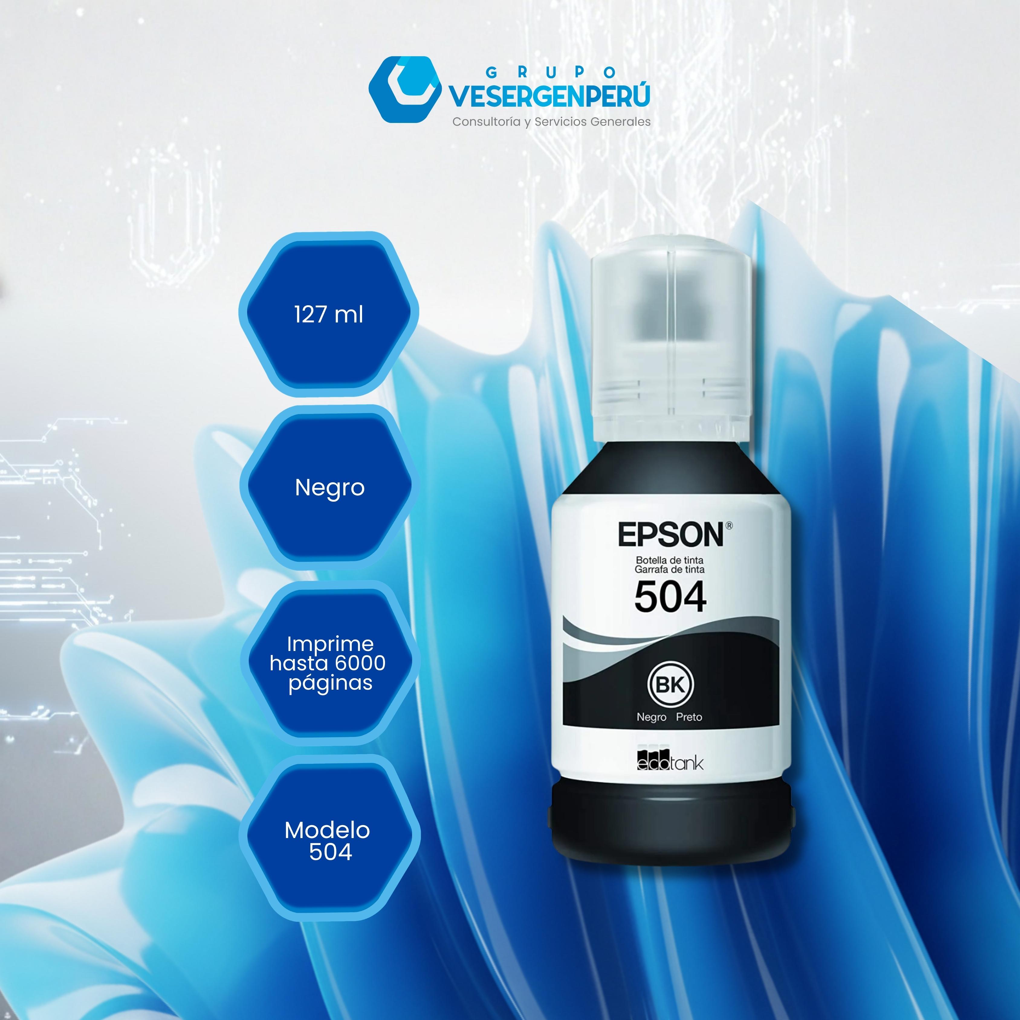 Botella de tinta EPSON T504, color negro, contenido 127ml.