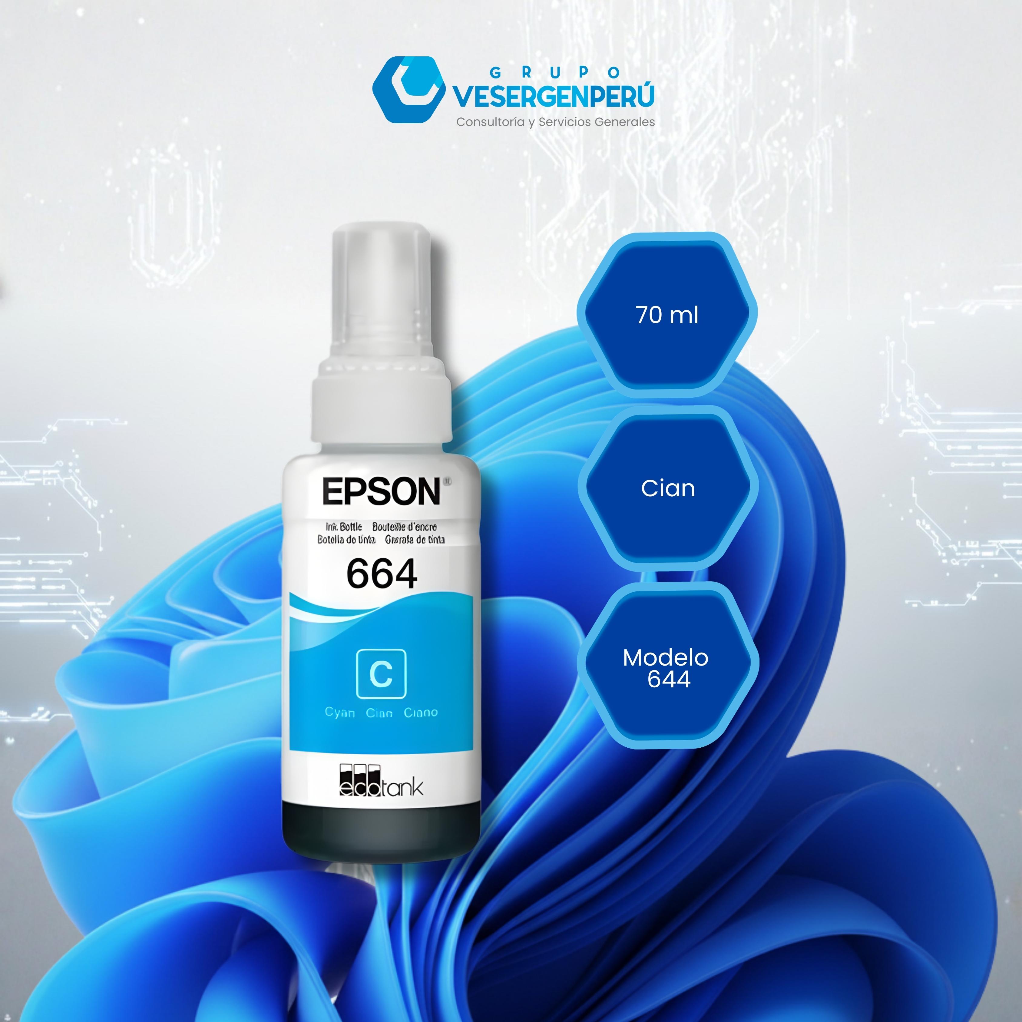 Botella de tinta EPSON T664220-AL, color cyan, contenido 70ml.